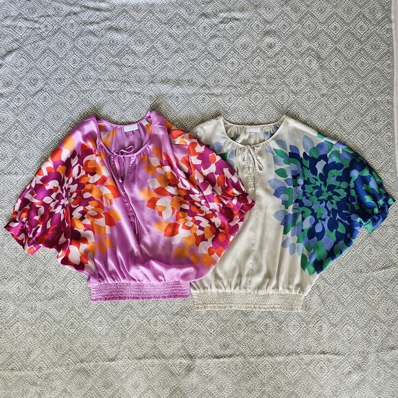 New York & Company (Set of 2) Floral Pink & White Blouses Cinched Waist